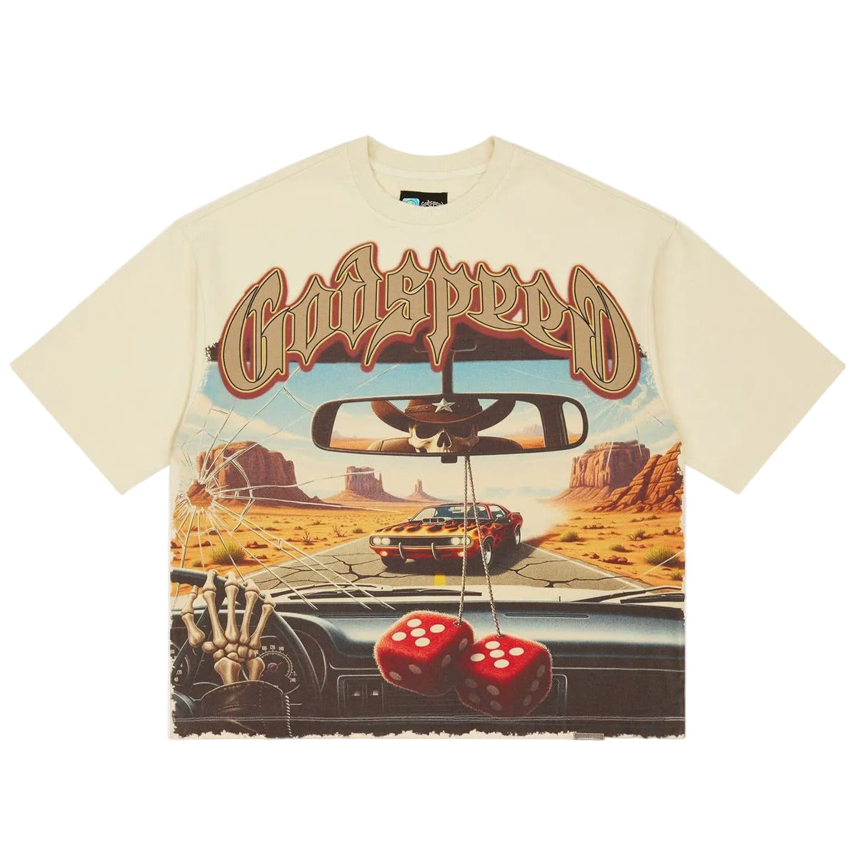 Godspeed On The Run II T-shirt featuring exclusive digital artwork, premium 10oz washed cotton construction, and a numbered authenticity tag from the limited 444-piece Rarity Collection.