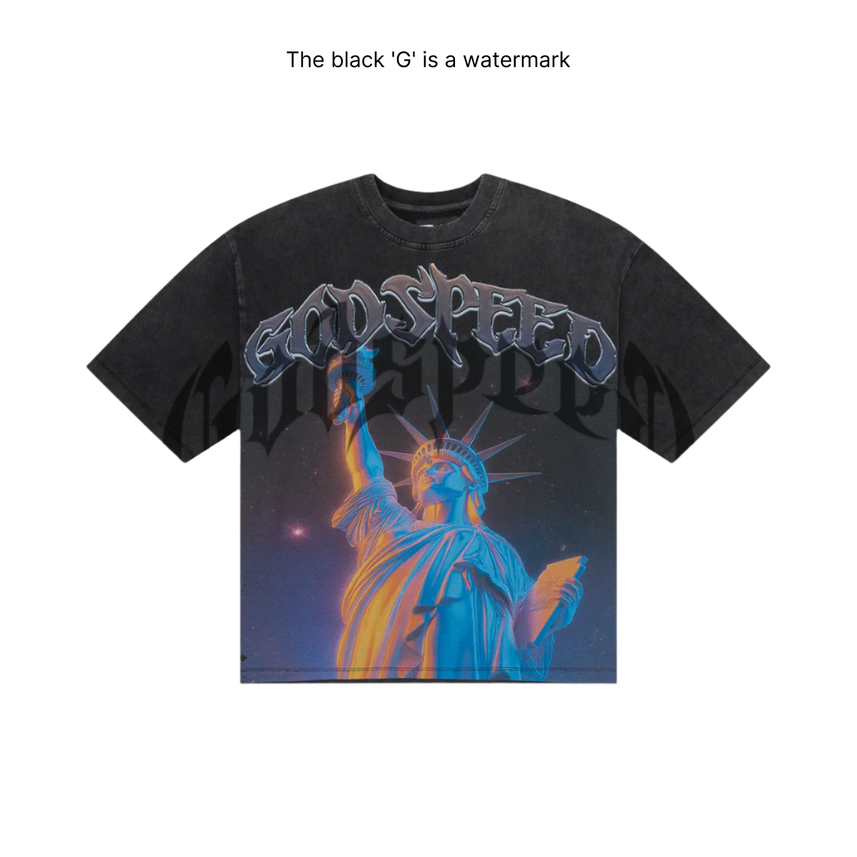 grey wash t-shirt with bold purple city graphic and faded finish laid flat on white background