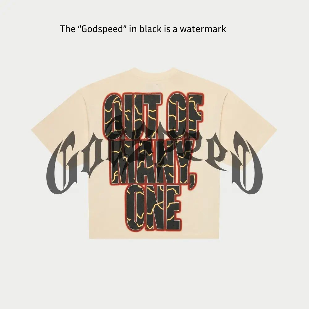 Godspeed Podium Dreams bone oversized T-shirt with digital artwork, limited to 555 pieces, numbered tag included.