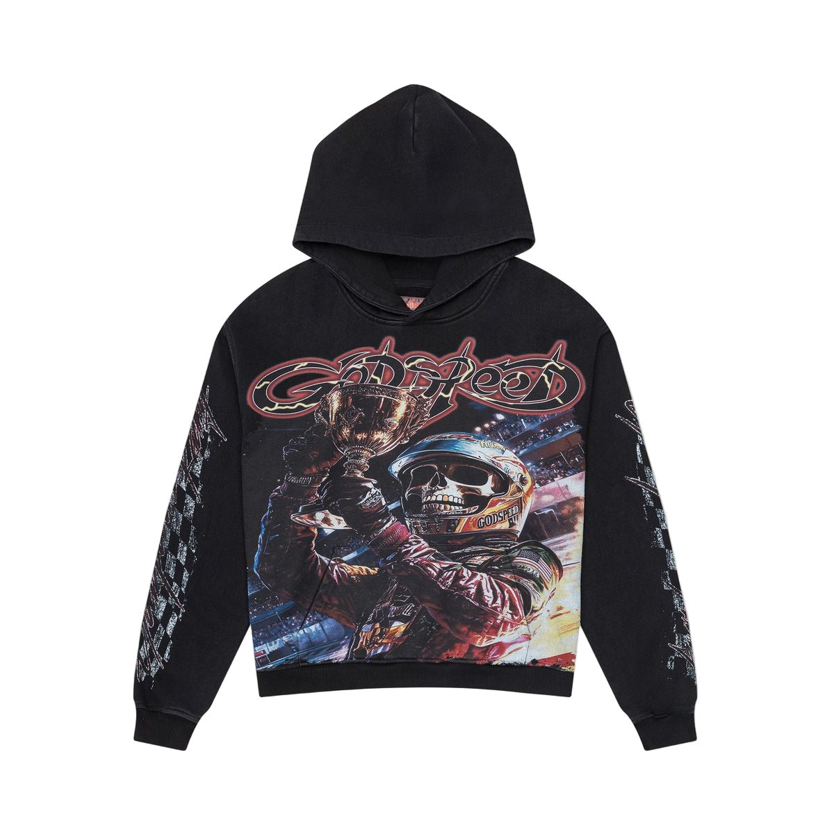 The Godspeed Podium Dreams Hoodie (Black Wash) features a washed black finish that gives it a worn-in, distinctive look. Its design centers on Godspeed’s Podium Dreams styling, offering a clean and versatile aesthetic. This hoodie provides a simple yet bold appearance suitable for everyday wear.