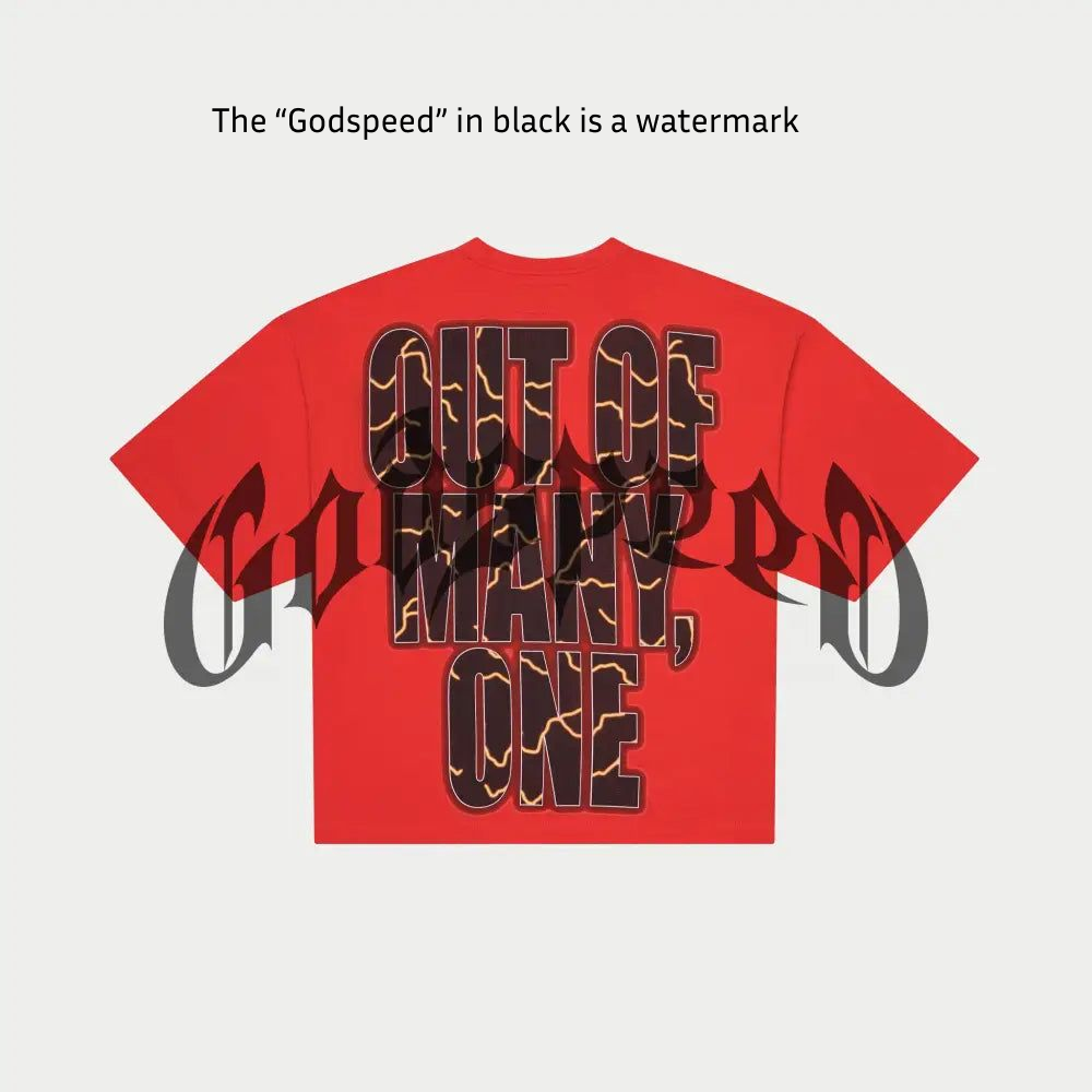 Godspeed Podium Dreams red oversized T-shirt with digital artwork, limited to 555 pieces, numbered tag included.