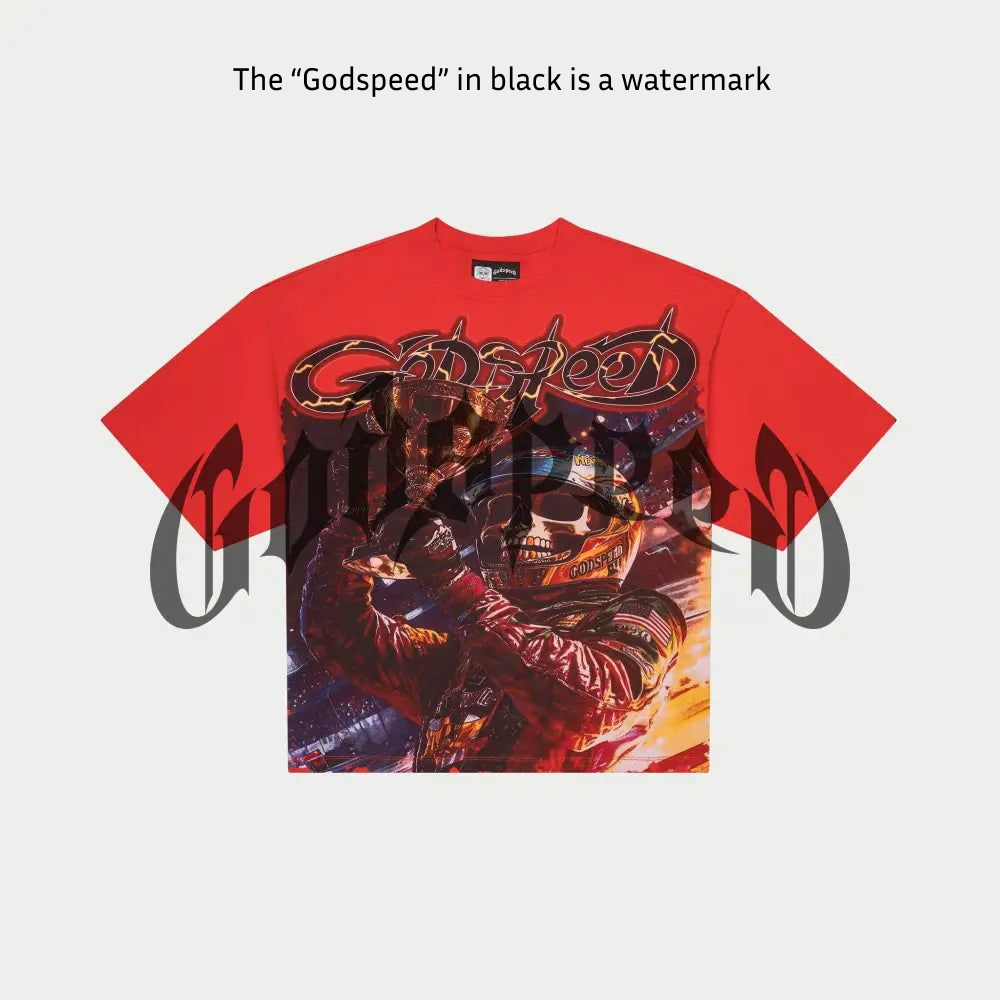 Godspeed Podium Dreams red oversized T-shirt with digital artwork, limited to 555 pieces, numbered tag included.