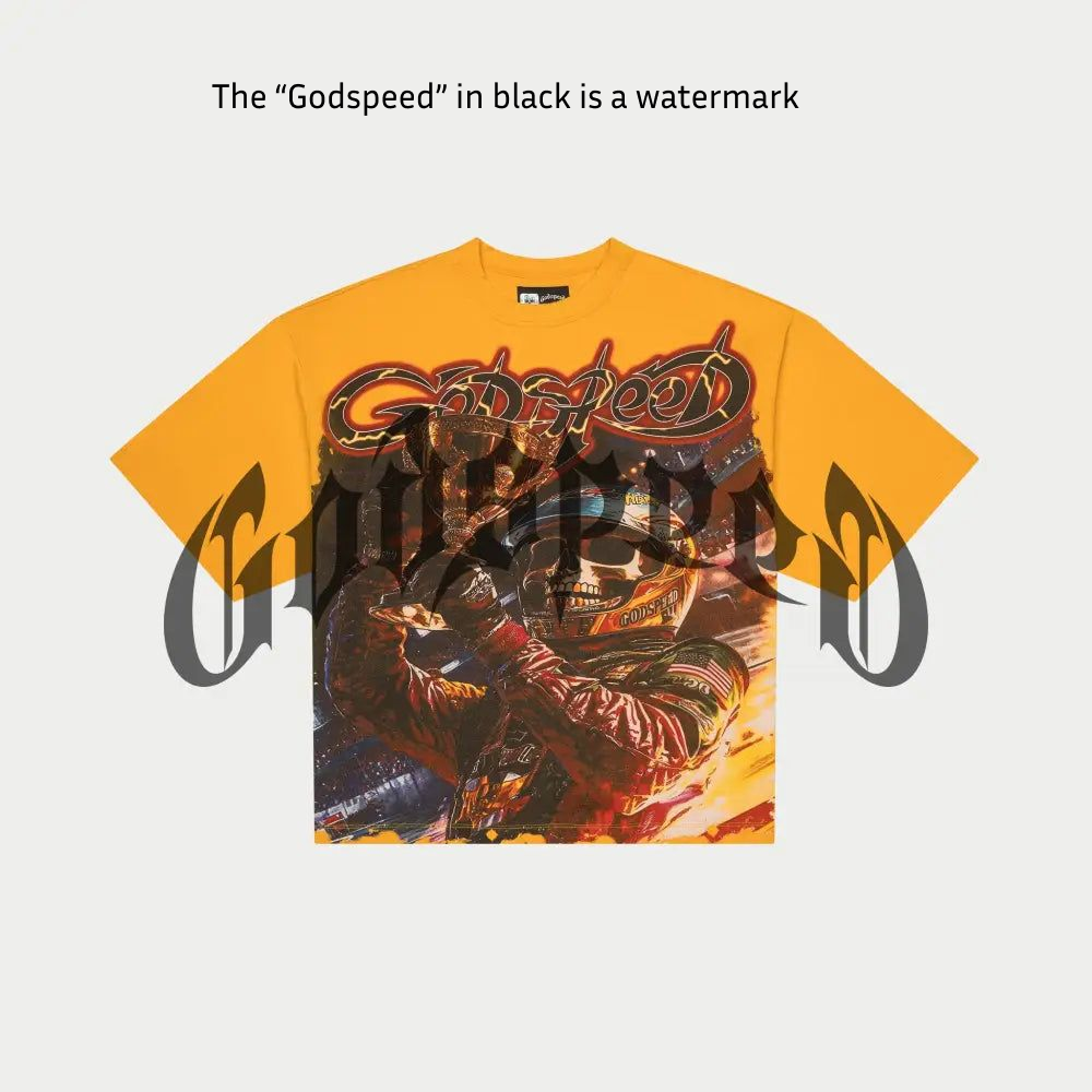 Godspeed Podium Dreams Yellow oversized T-shirt with digital artwork, limited to 555 pieces, numbered tag included.