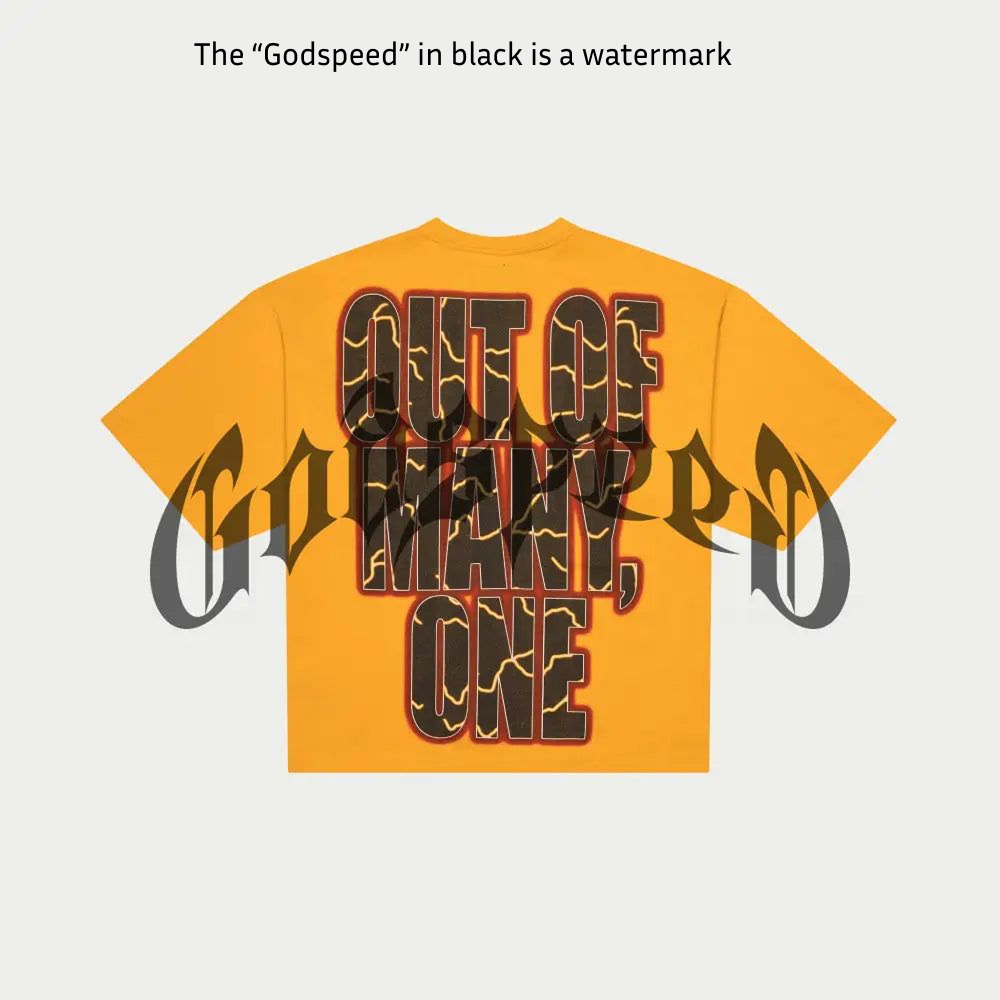 Godspeed Podium Dreams Yellow oversized T-shirt with digital artwork, limited to 555 pieces, numbered tag included.