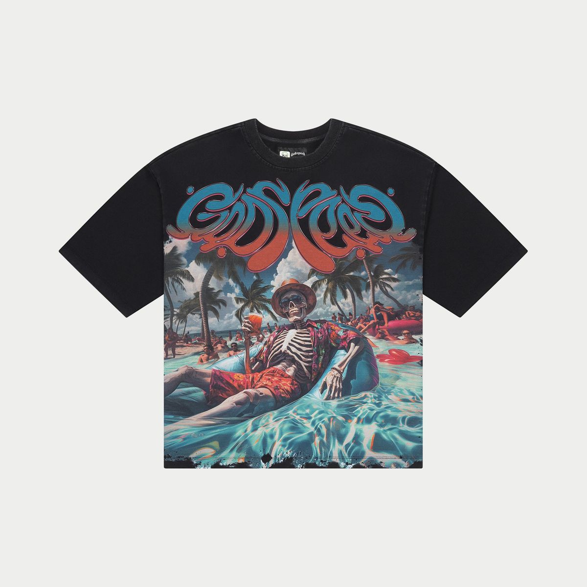 Godspeed Pool Party T-Shirt in Black featuring bold digital artwork, oversized fit, 10oz mid-weight washed cotton, limited to 444 numbered pieces.