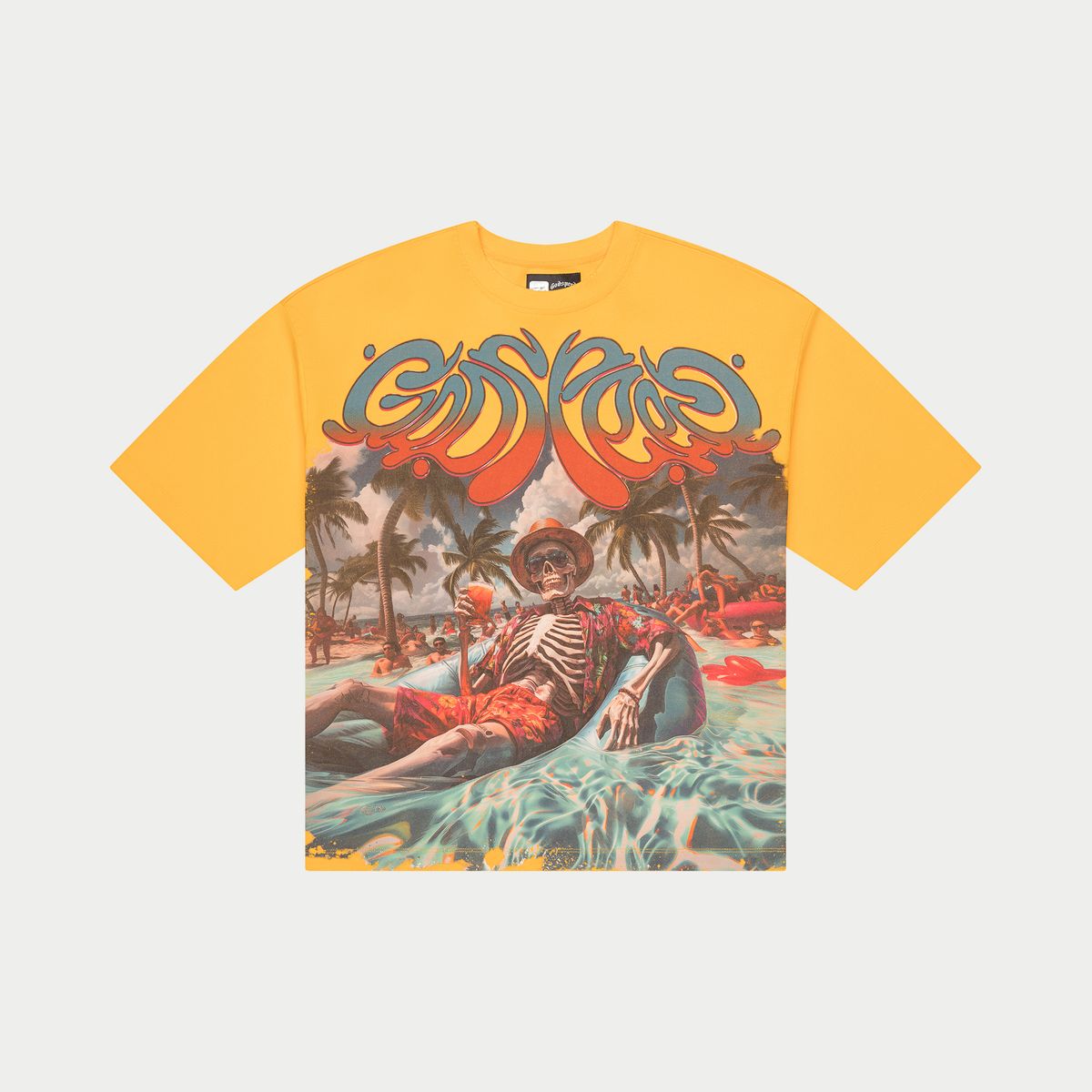 Godspeed Pool Party T-Shirt in Yellow Wash featuring vibrant digital art, oversized fit, 10oz heavyweight washed cotton, and limited to 444 hand-numbered units.
