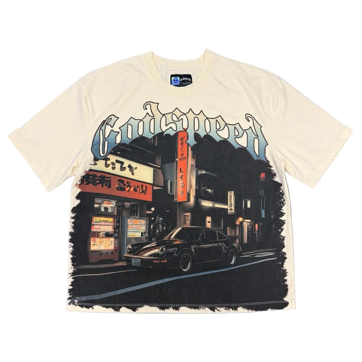 Bone-colored Godspeed Pit Stop Tokyo T-shirt with digital art graphic, oversized fit, and numbered tag from a 555-piece limited release.