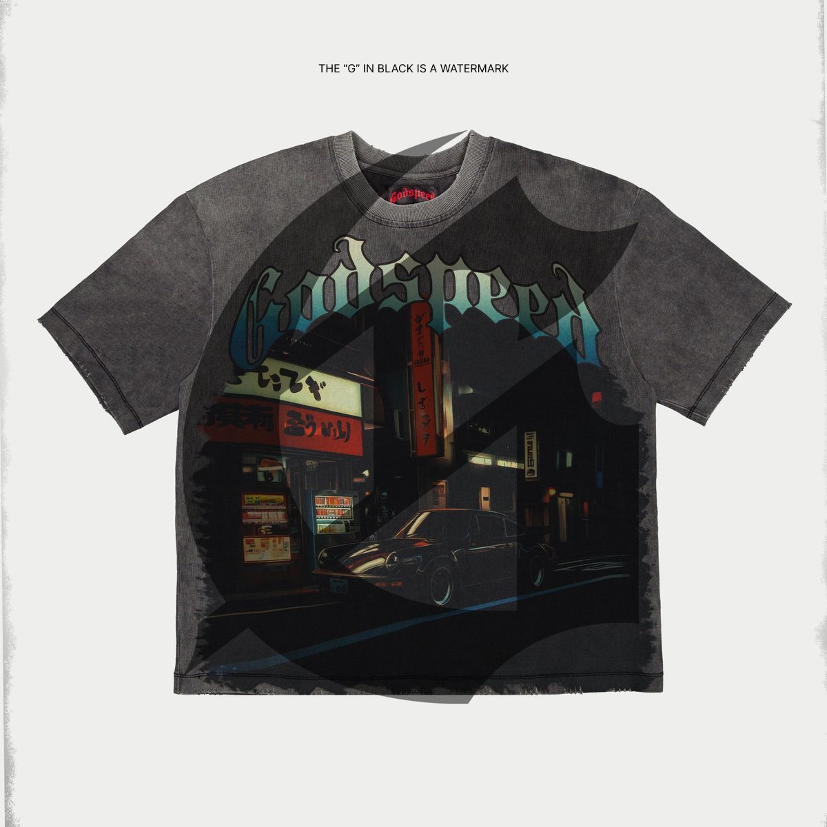 Grey washed Godspeed Pit Stop Tokyo T-shirt featuring digital art graphic, oversized fit, and numbered tag from a limited 555-piece release.