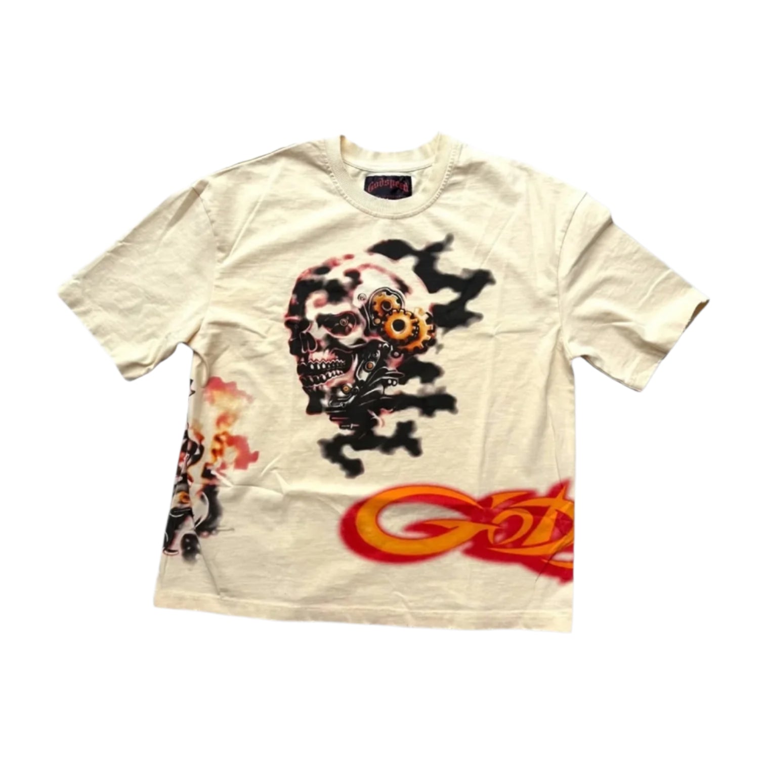 bone colored t-shirt with bold godspeed graphic and relaxed fit displayed flat on white background