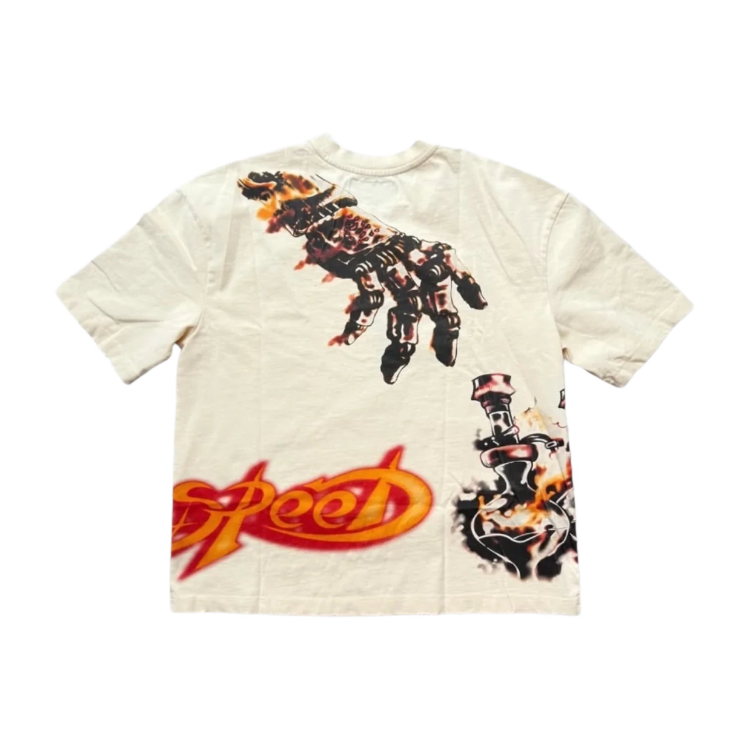 bone colored t-shirt with bold godspeed graphic and relaxed fit displayed flat on white background