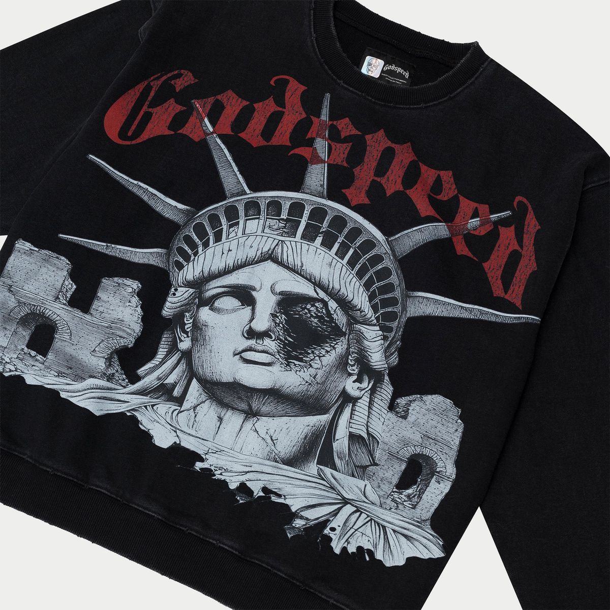 Godspeed R.O.M.E. “Remnants Of a Monumental Era” sweatshirt made from 400 GSM French terry with oversized fit and artistic graphic design
