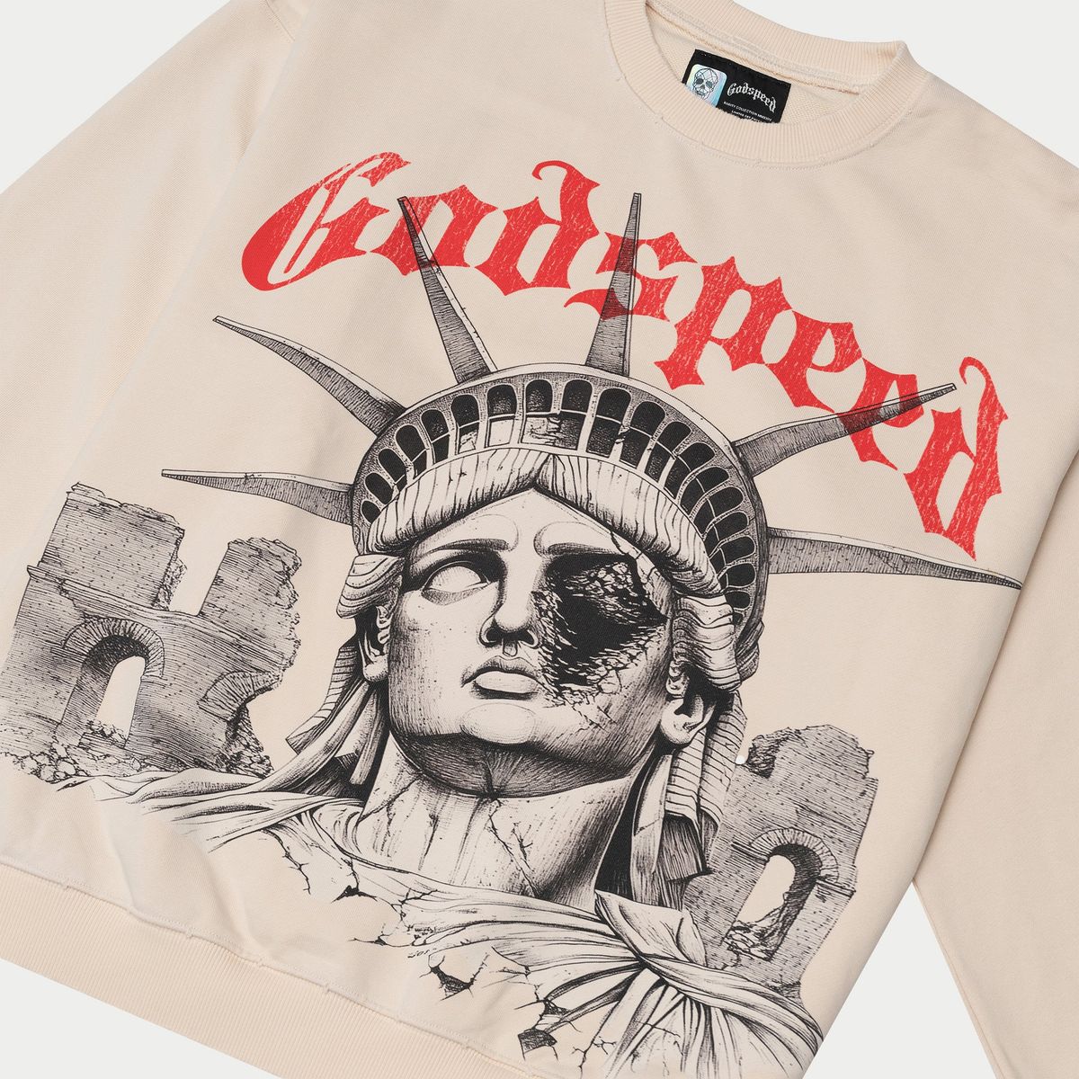 Godspeed R.O.M.E. “Remnants Of a Monumental Era” sweatshirt made from 400 GSM French terry with oversized fit and artistic graphic design