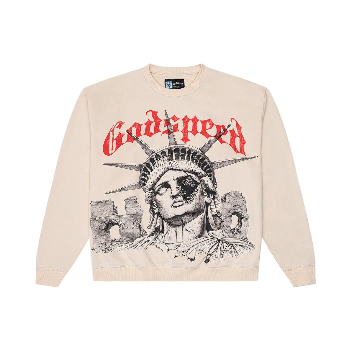 Godspeed R.O.M.E. “Remnants Of a Monumental Era” sweatshirt made from 400 GSM French terry with oversized fit and artistic graphic design