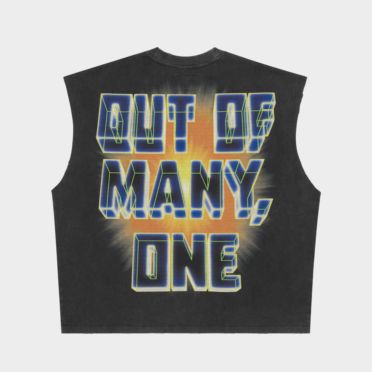 Godspeed S.2.S Sleeveless T-Shirt in Black Wash from the Rarity Collection, crafted from 10oz mid-weight washed fabric with a striking art piece and stones around the crown.