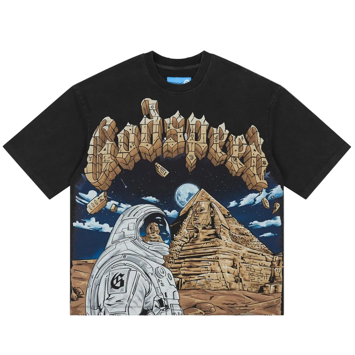Godspeed Sphinx Guardian NextGen Black graphic T-shirt made from 10oz mid-weight washed fabric featuring bold Sphinx Guardian artwork.