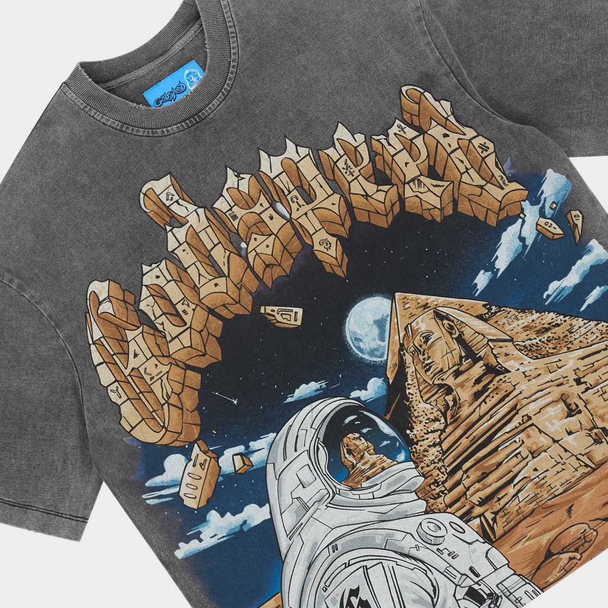 Godspeed Sphinx Guardian NextGen Grey Wash graphic T-shirt made from 10oz mid-weight washed fabric featuring bold Sphinx Guardian artwork.