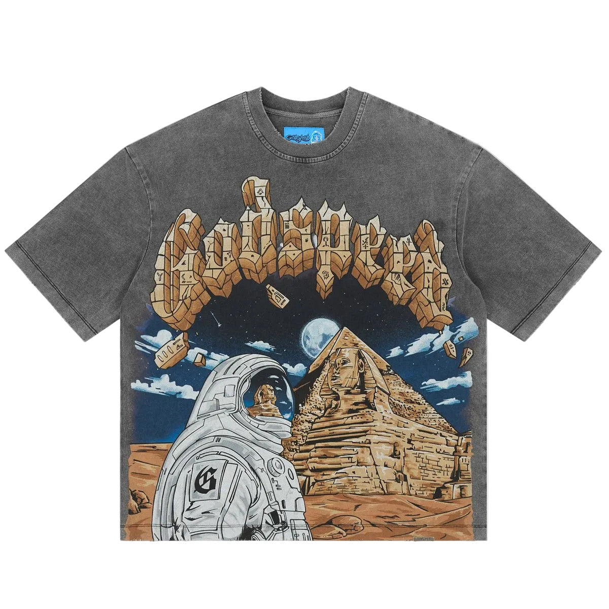 Godspeed Sphinx Guardian NextGen Grey Wash graphic T-shirt made from 10oz mid-weight washed fabric featuring bold Sphinx Guardian artwork.