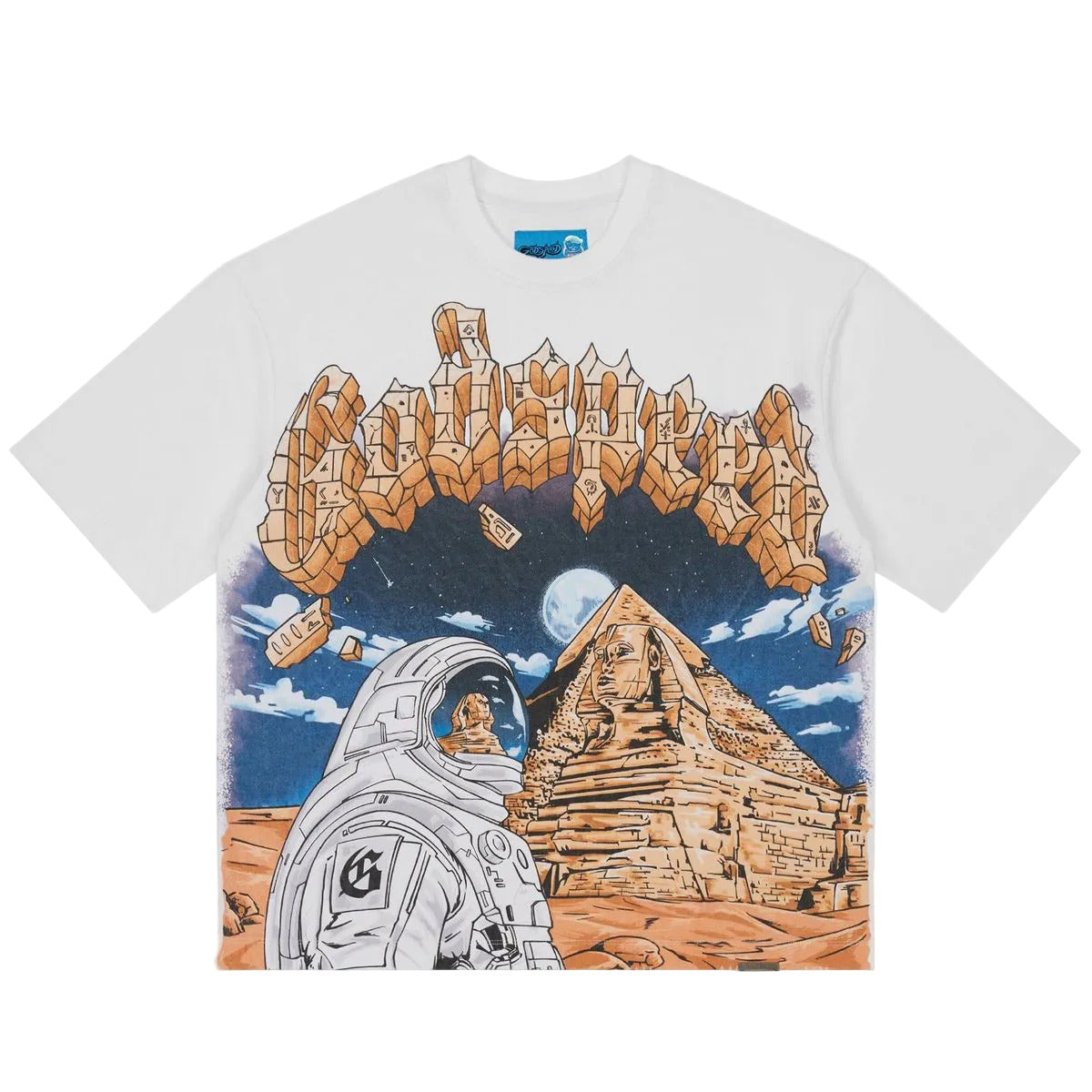 Godspeed Sphinx Guardian NextGen White graphic T-shirt made from 10oz mid-weight washed fabric with bold Sphinx Guardian artwork.