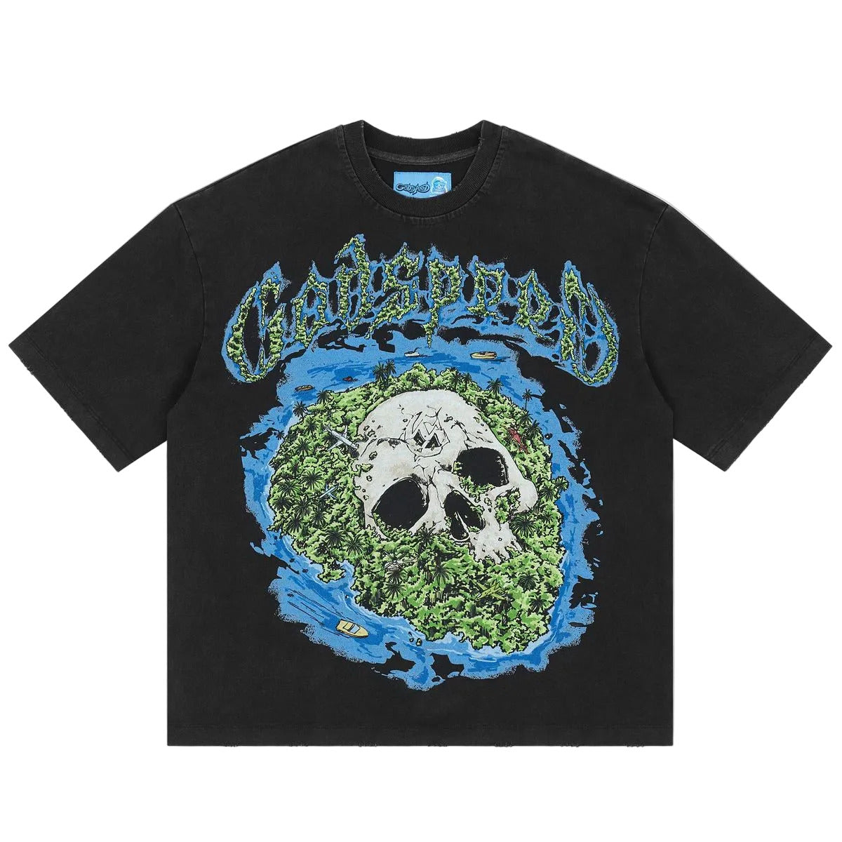 Godspeed Skull Island II T-shirt NG in black with bold graphic print and mid-weight washed fabric streetwear design