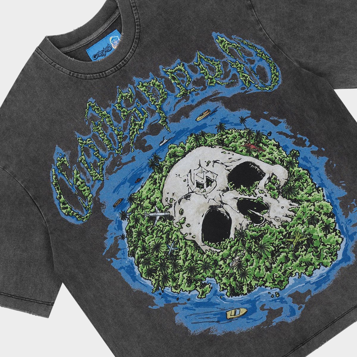 Godspeed Skull Island II T-shirt NG in grey wash with bold graphic artwork and mid-weight washed fabric for modern streetwear style.