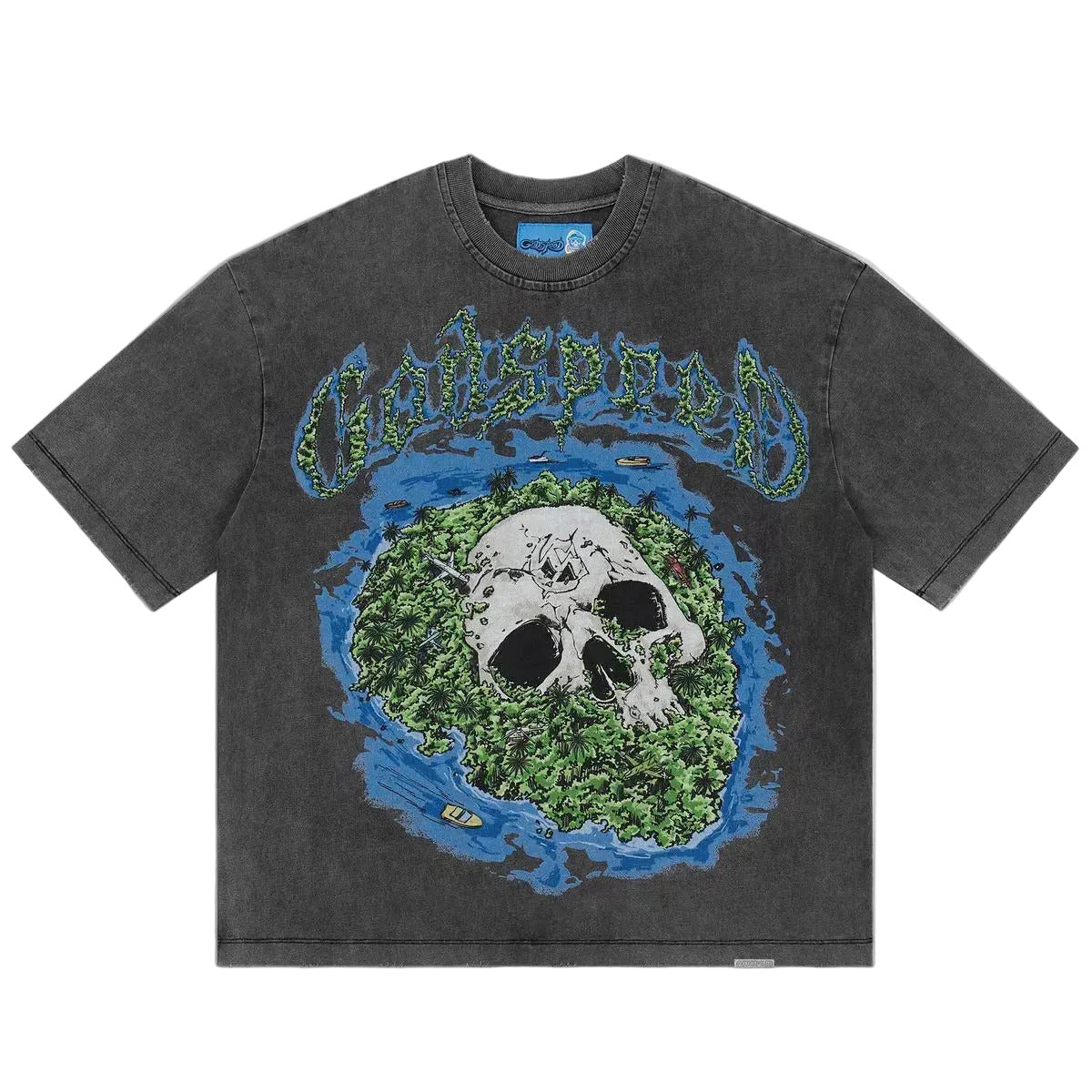 Godspeed Skull Island II T-shirt NG in grey wash with bold graphic artwork and mid-weight washed fabric for modern streetwear style.
