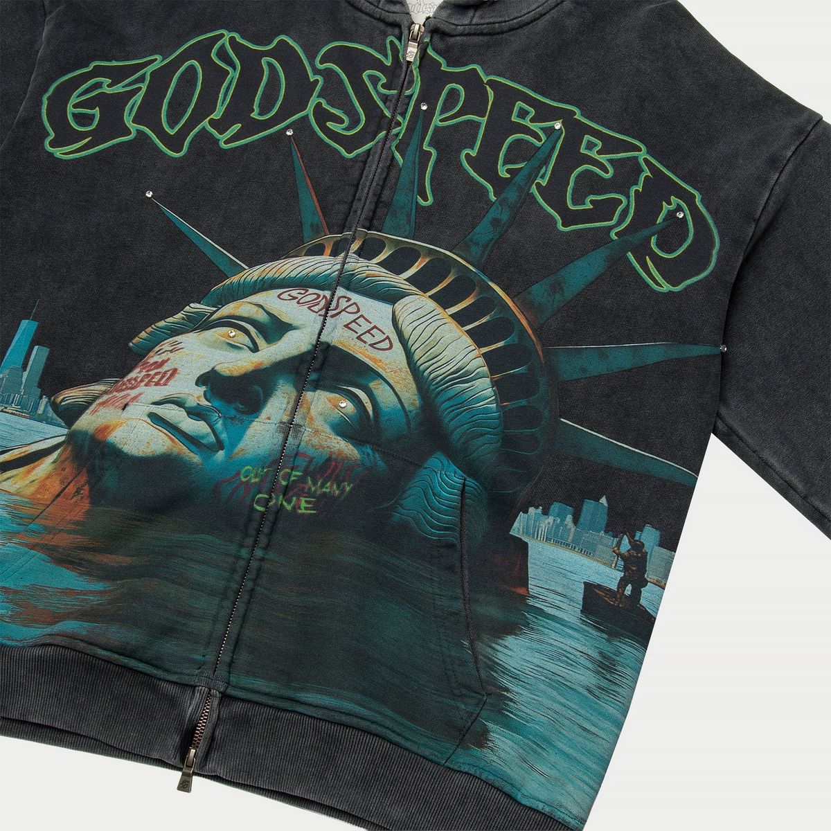 Godspeed Sunken Liberty Zip Hoodie in grey wash with chrome Statue of Liberty graphic and full zip construction