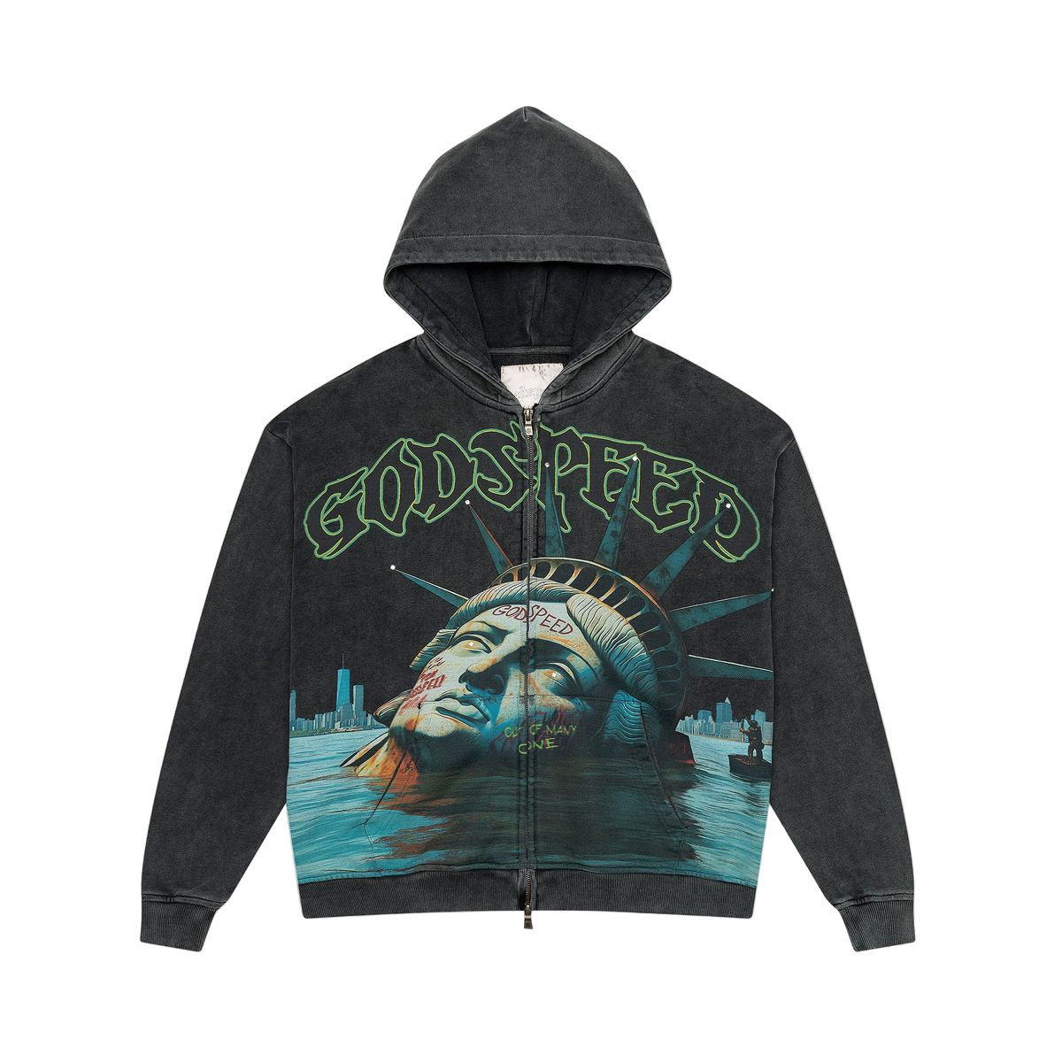 Godspeed Sunken Liberty Zip Hoodie in grey wash with chrome Statue of Liberty graphic and full zip construction