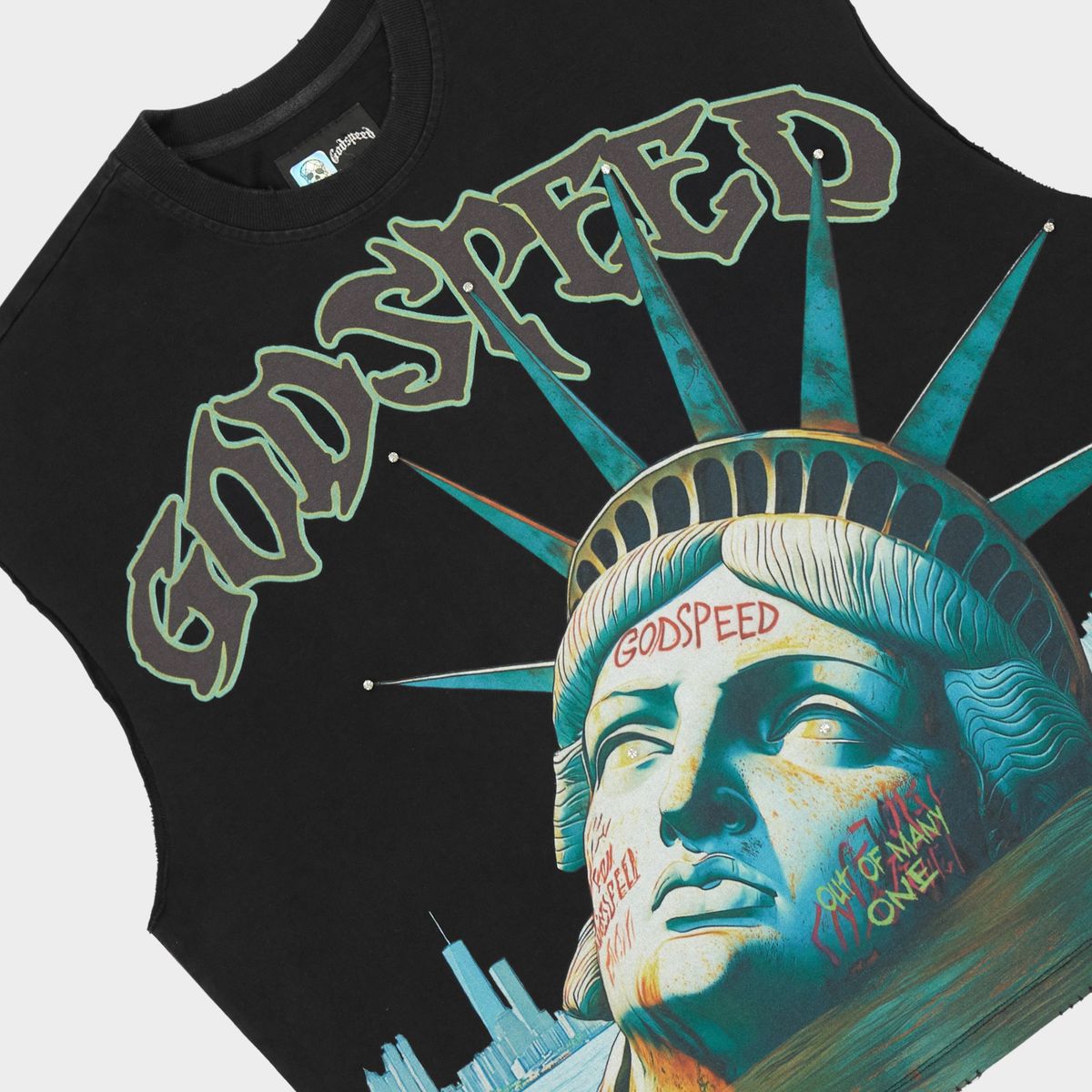 Godspeed Sunken Liberty sleeveless T-shirt in black with premium cotton fabric and badge detailing for modern streetwear style
