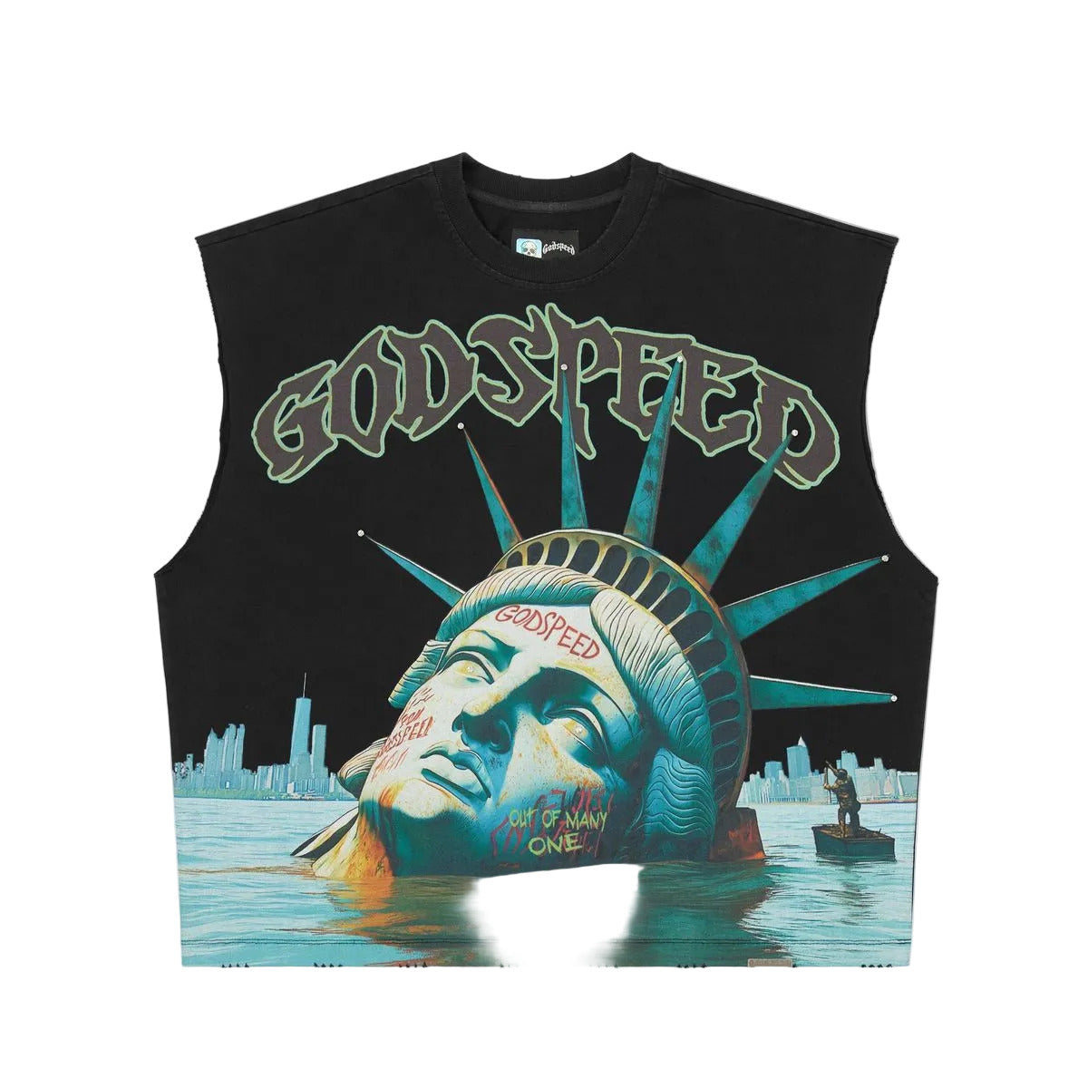 Godspeed Sunken Liberty sleeveless T-shirt in black with premium cotton fabric and badge detailing for modern streetwear style