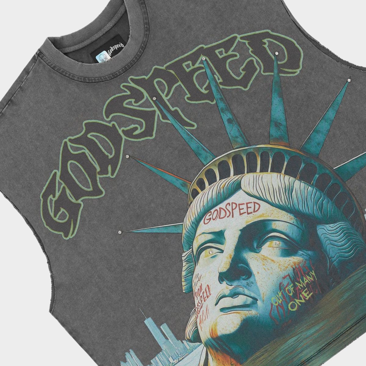 Godspeed Sunken Liberty sleeveless T-shirt in grey with premium cotton fabric and badge detailing for modern streetwear style