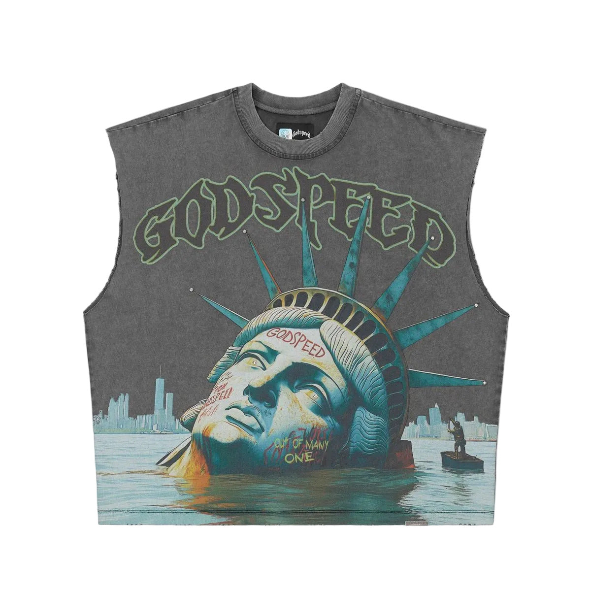 Godspeed Sunken Liberty sleeveless T-shirt in grey with premium cotton fabric and badge detailing for modern streetwear style