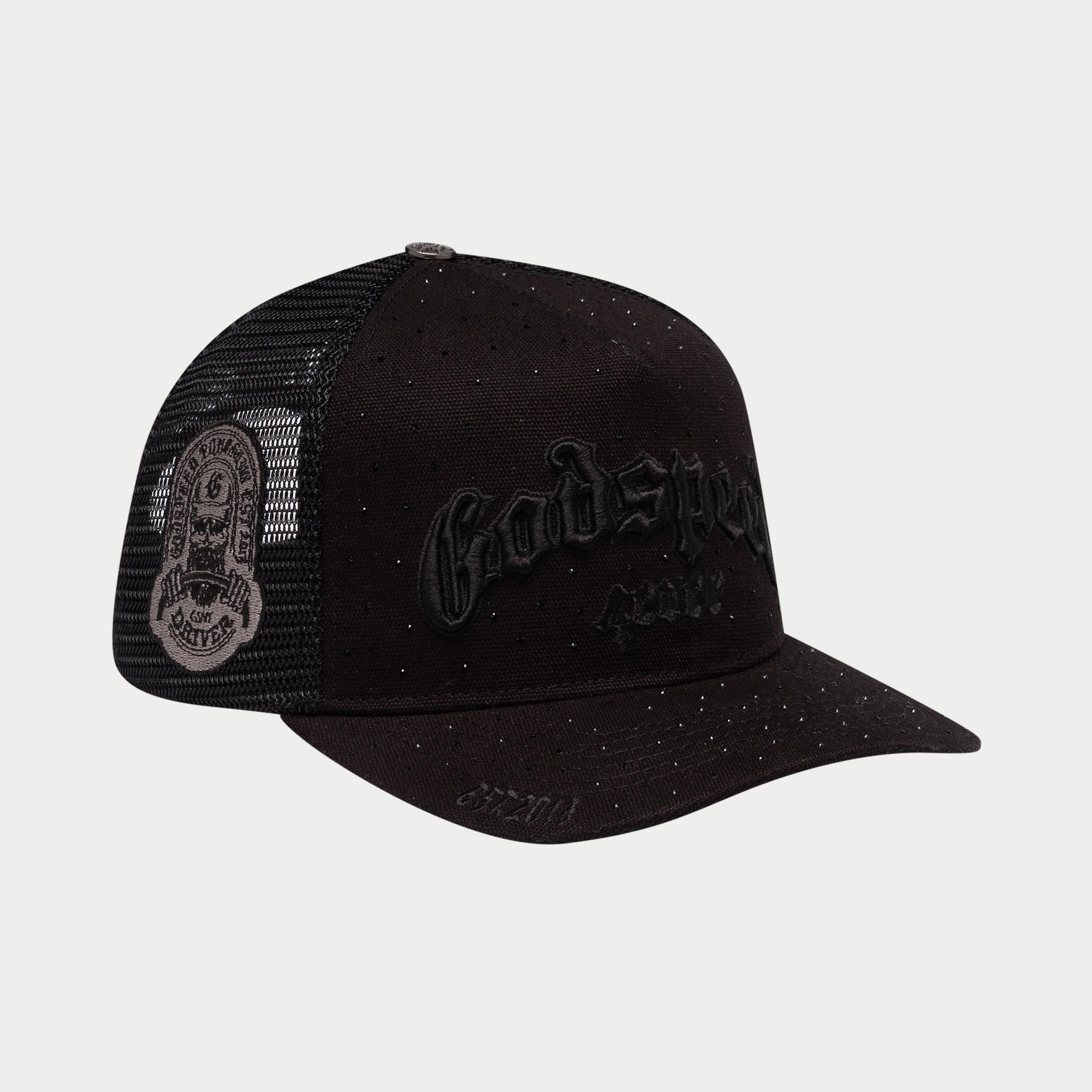 Godspeed 4ever Signature Trucker Hat with color-changing embroidery, collectible pin set, and limited edition packaging.