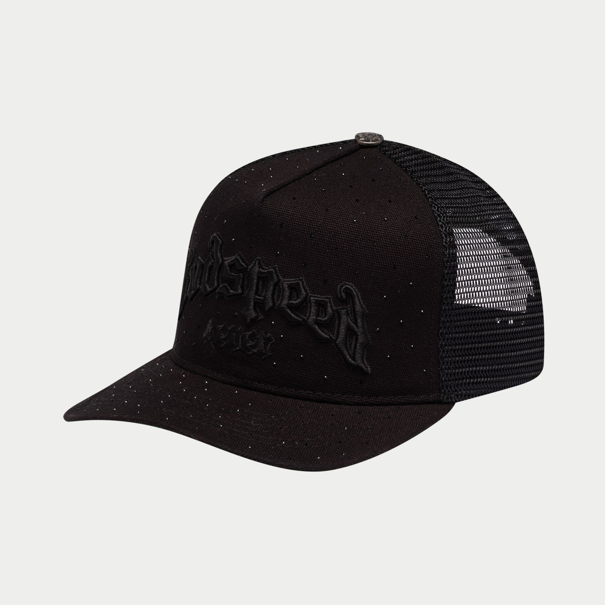 Godspeed 4ever Signature Trucker Hat with color-changing embroidery, collectible pin set, and limited edition packaging.