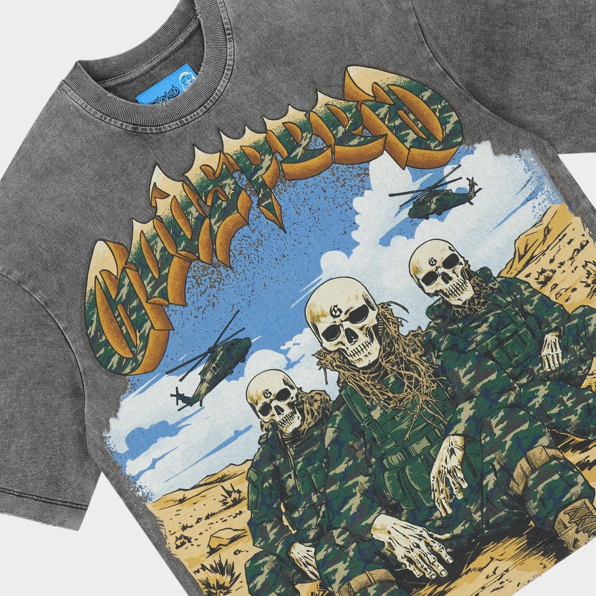 Godspeed Squadron NG T-Shirt in Grey Wash featuring the NEXTGEN Squadron design, crafted from 10oz mid-weight washed fabric with a striking art piece and stones around the crown.