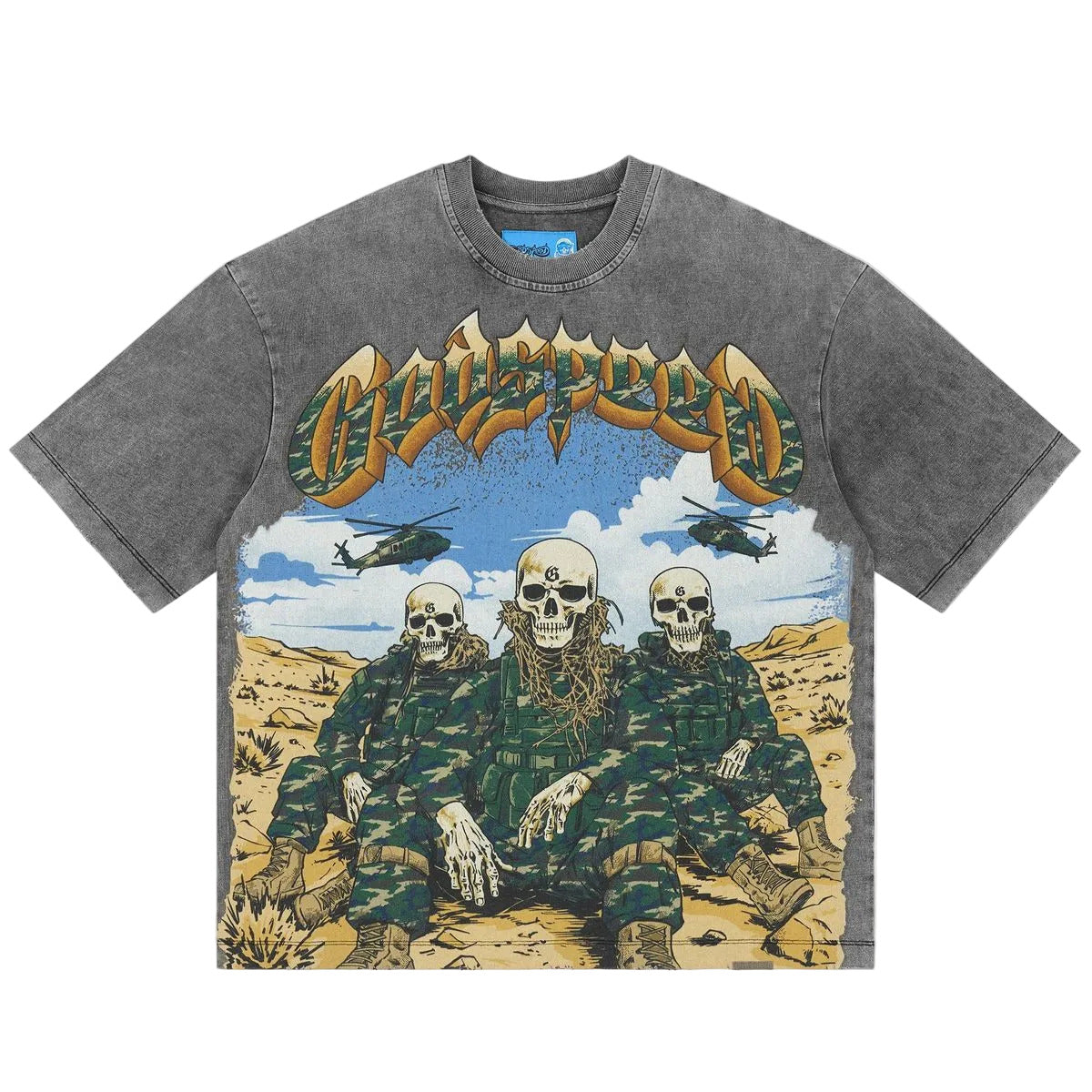 Godspeed Squadron NG T-Shirt in Grey Wash featuring the NEXTGEN Squadron design, crafted from 10oz mid-weight washed fabric with a striking art piece and stones around the crown.