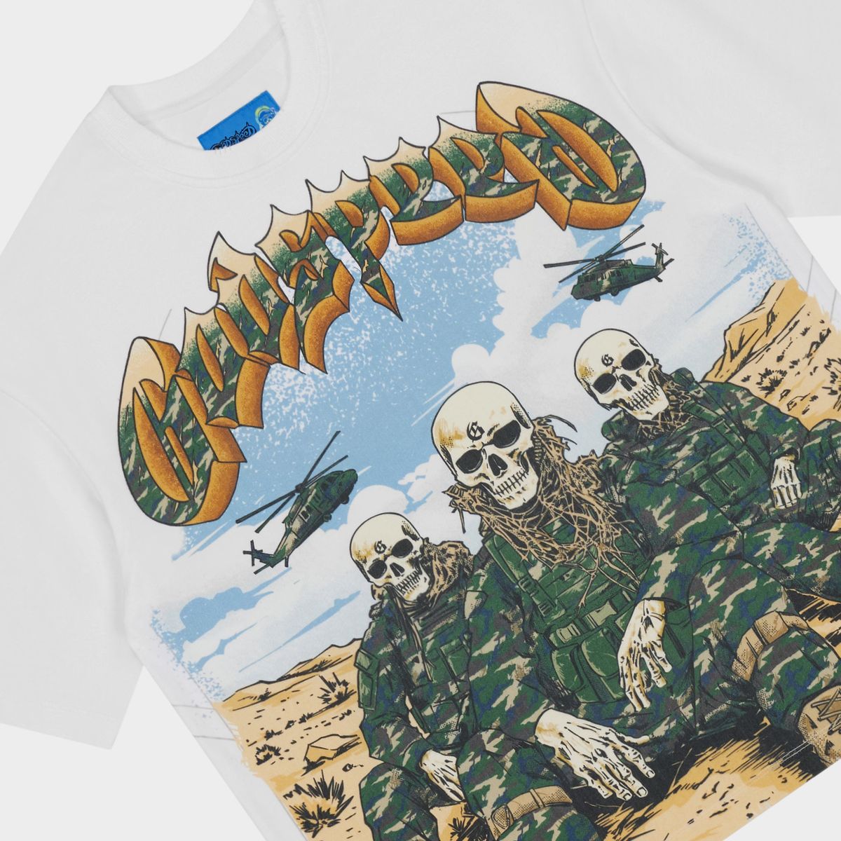 Godspeed Squadron NG T-Shirt in White featuring the NEXTGEN Squadron design, crafted from 10oz mid-weight washed fabric with a striking art piece and stones around the crown.