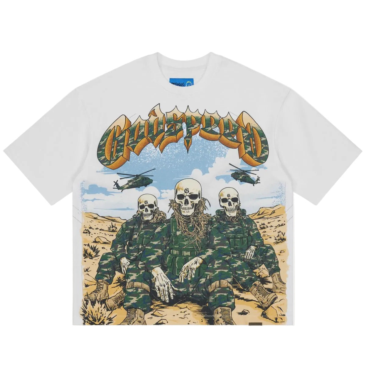 Godspeed Squadron NG T-Shirt in White featuring the NEXTGEN Squadron design, crafted from 10oz mid-weight washed fabric with a striking art piece and stones around the crown.