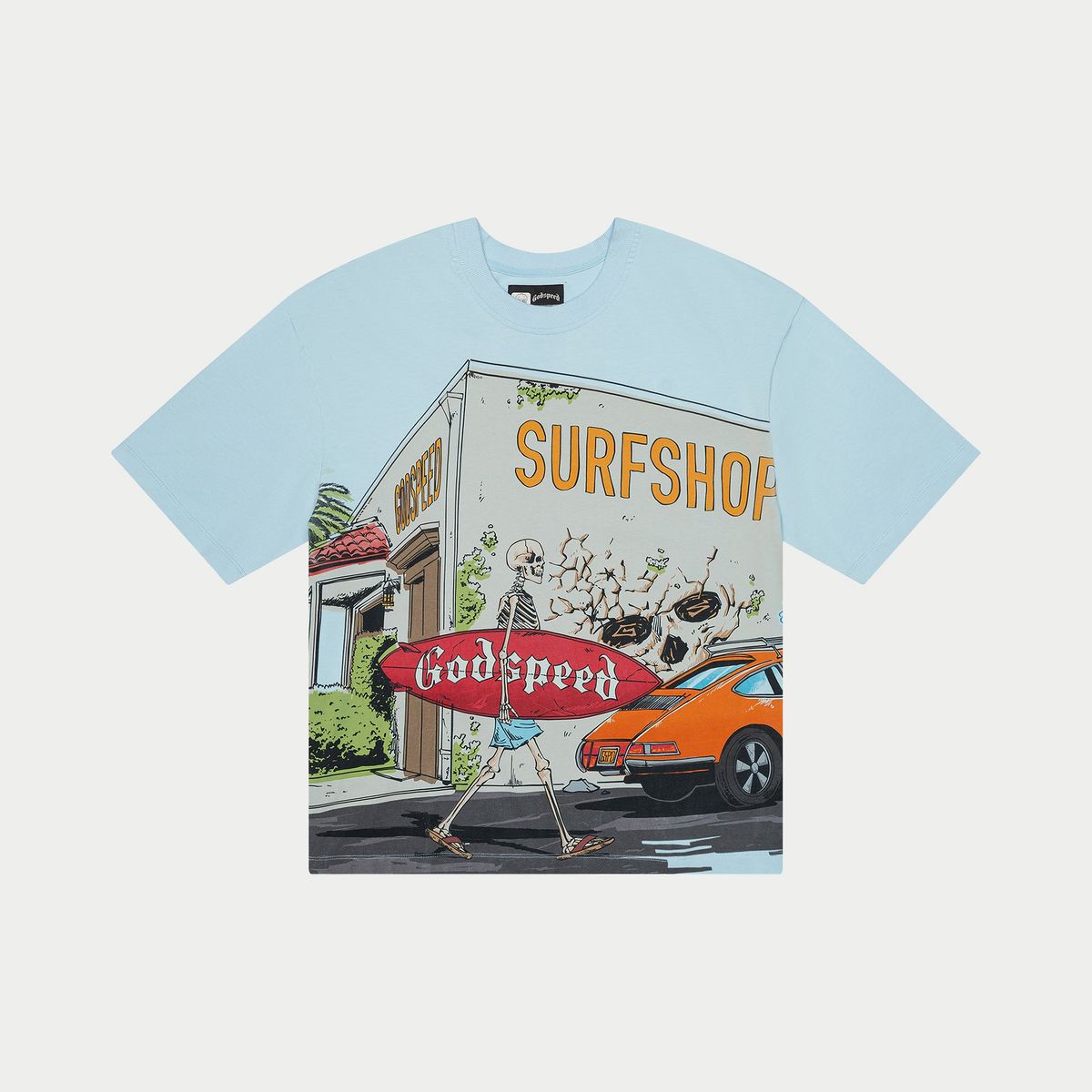 Lime green Godspeed Surf Shop T-Shirt with digital artwork, 10oz mid-weight fabric, numbered limited edition tag, oversized fit.