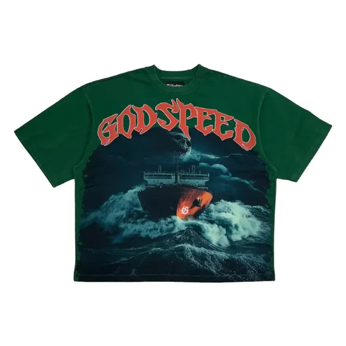 Green Godspeed Sea Sick crew neck t-shirt with front graphic and GS logo on back.