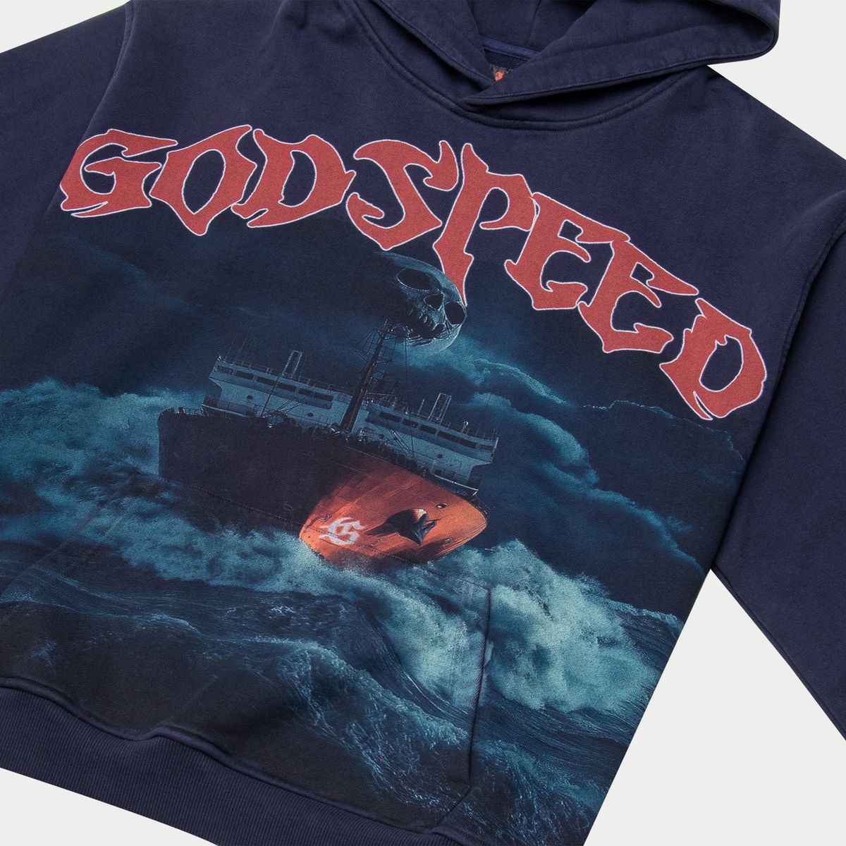Navy hoodie with 'Godspeed' text and ship graphic on a white background