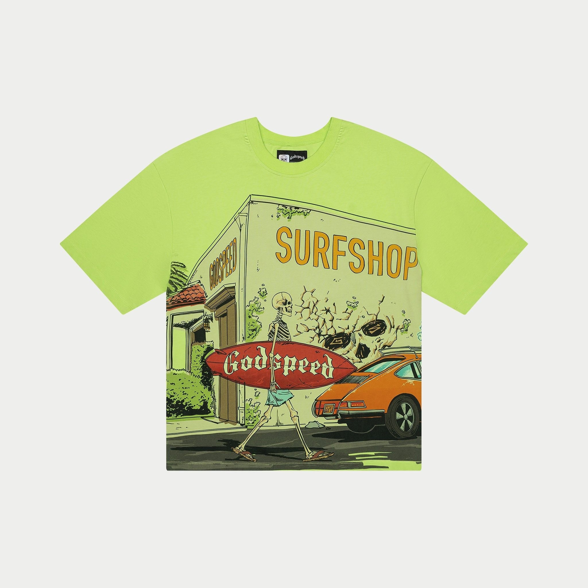 Lime green Godspeed Surf Shop T-Shirt with digital artwork, 10oz mid-weight fabric, numbered limited edition tag, oversized fit.