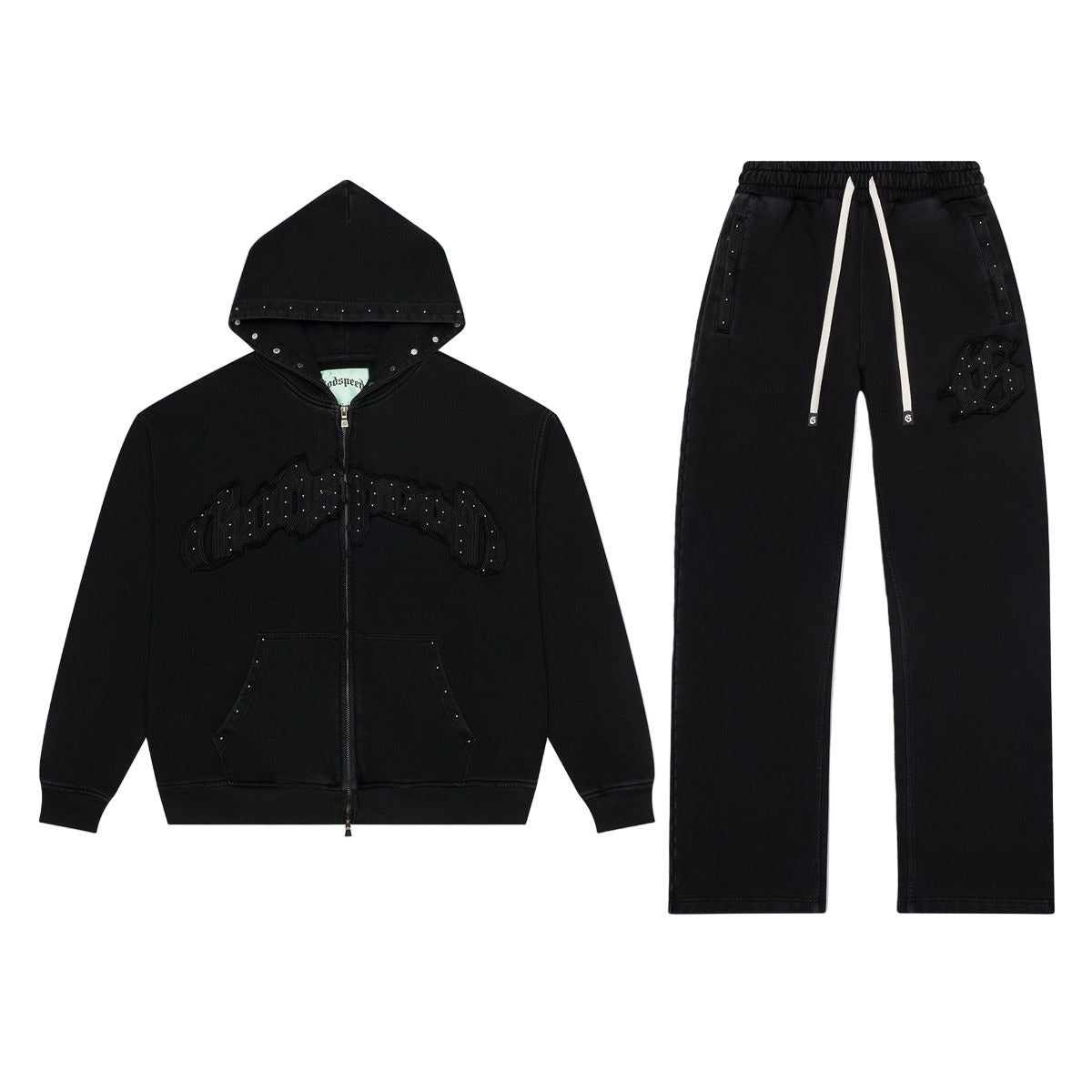 Black Godspeed Symmetric Studded Sweat Set featuring studded applique logo, includes hoodie and sweatpants.