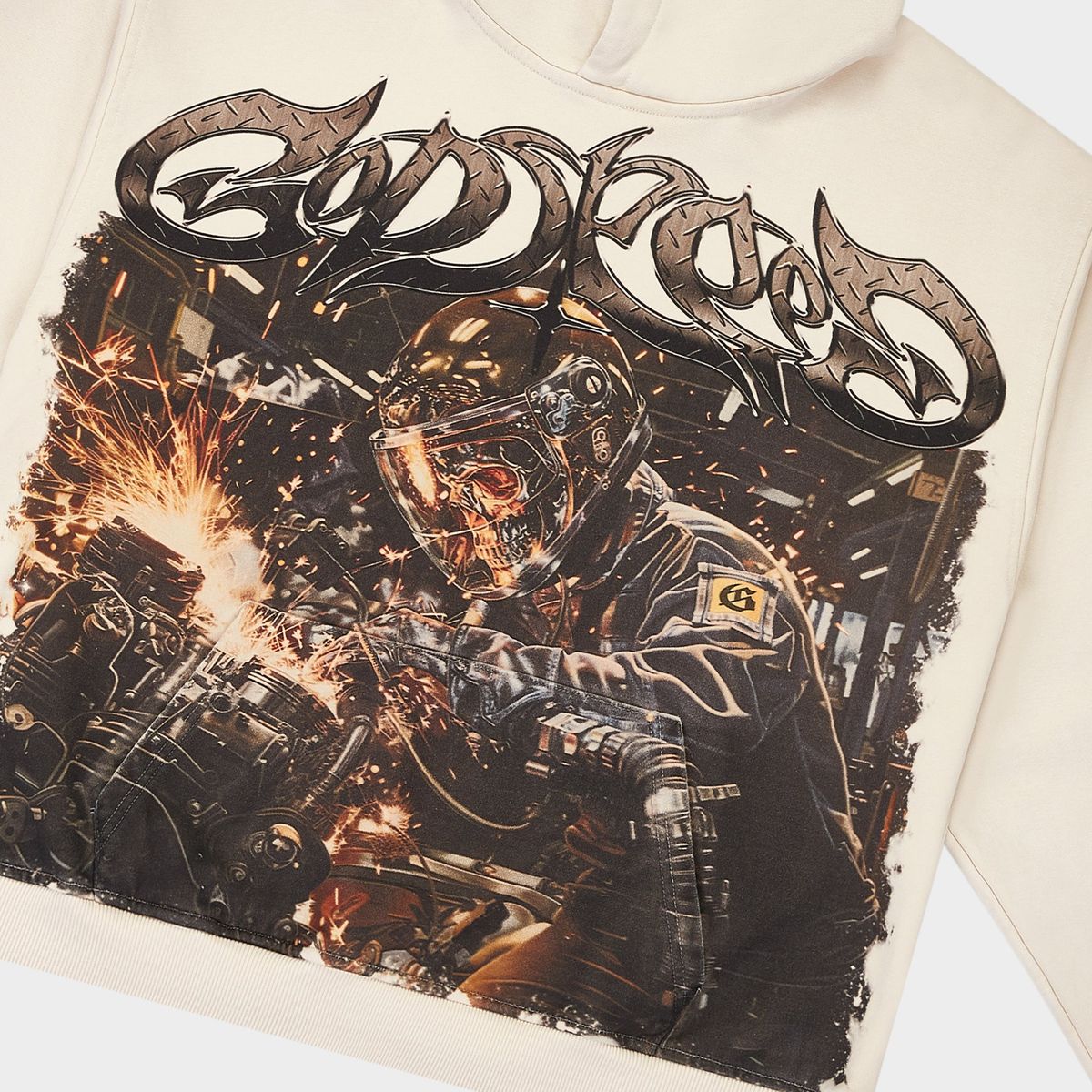 Godspeed Steel Sharpens Steel hoodie in bone color.