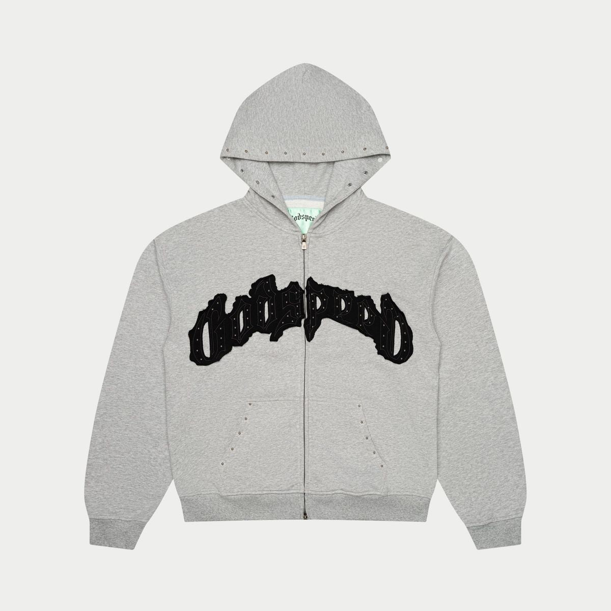 Grey/Black Godspeed Symmetric Studded Sweat Set featuring studded applique logo, includes hoodie and sweatpants.