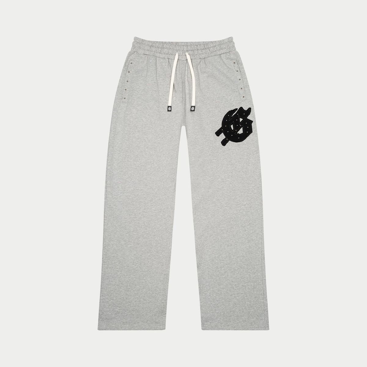 Grey/Black Godspeed Symmetric Studded Sweat Set featuring studded applique logo, includes hoodie and sweatpants.
