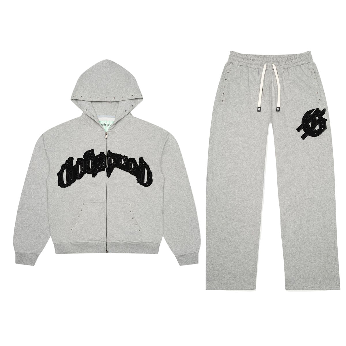 Grey/Black Godspeed Symmetric Studded Sweat Set featuring studded applique logo, includes hoodie and sweatpants.