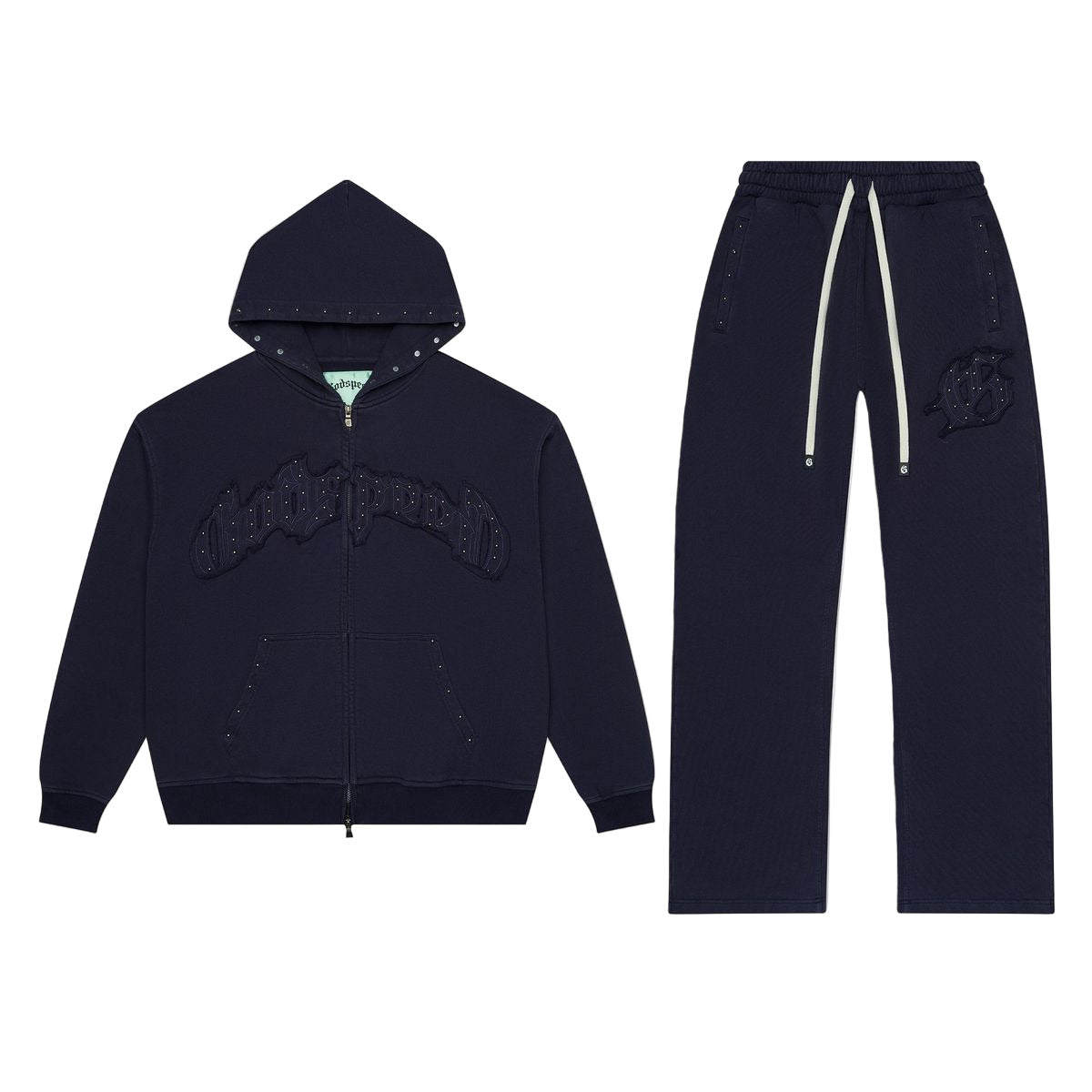 Navy Godspeed Symmetric Studded Sweat Set featuring studded applique logo, includes hoodie and sweatpants.