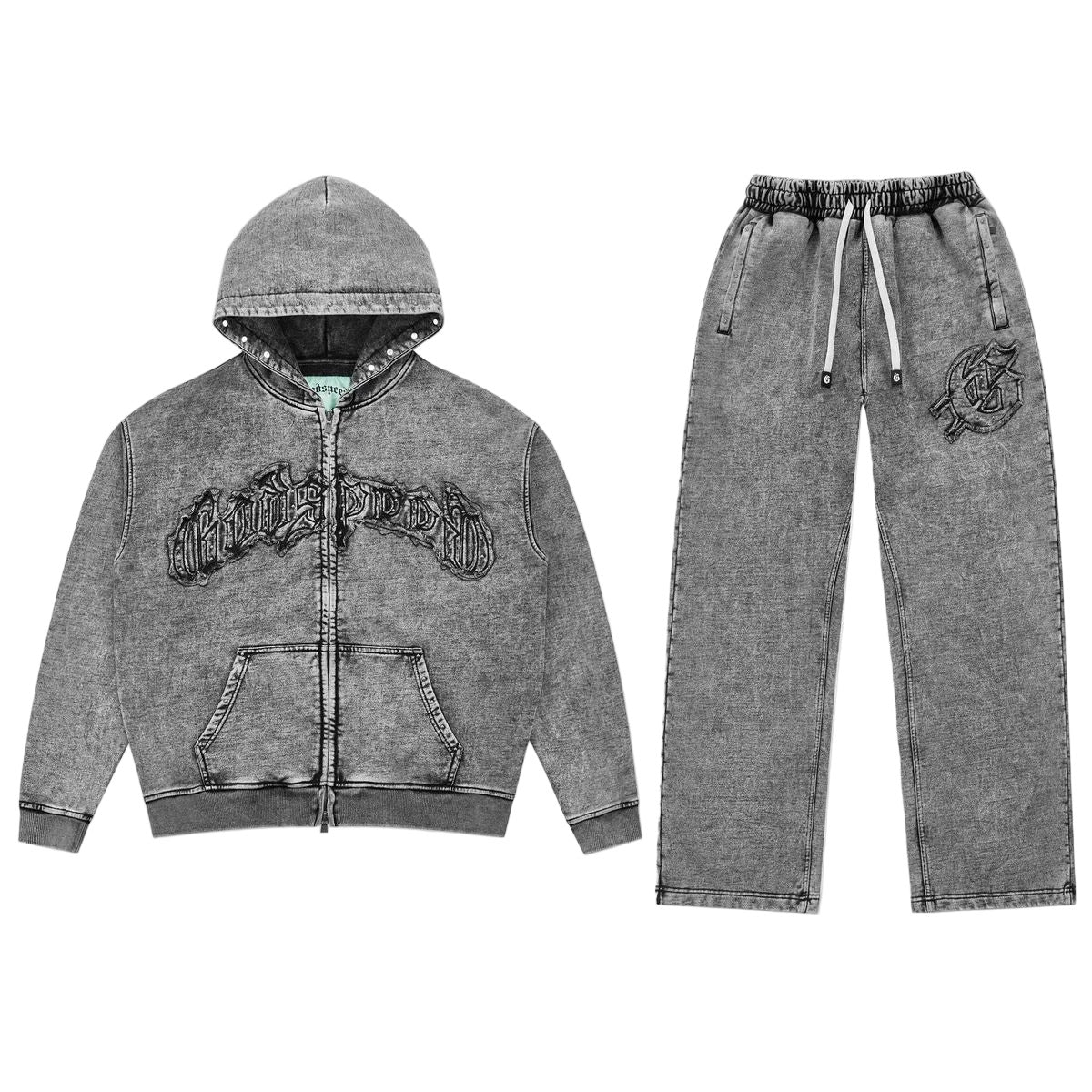 Acid wash Godspeed Symmetric Studded hoodie and sweatpants set.