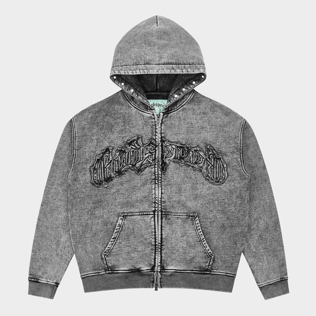 Gray hoodie with a brand logo on a light gray background