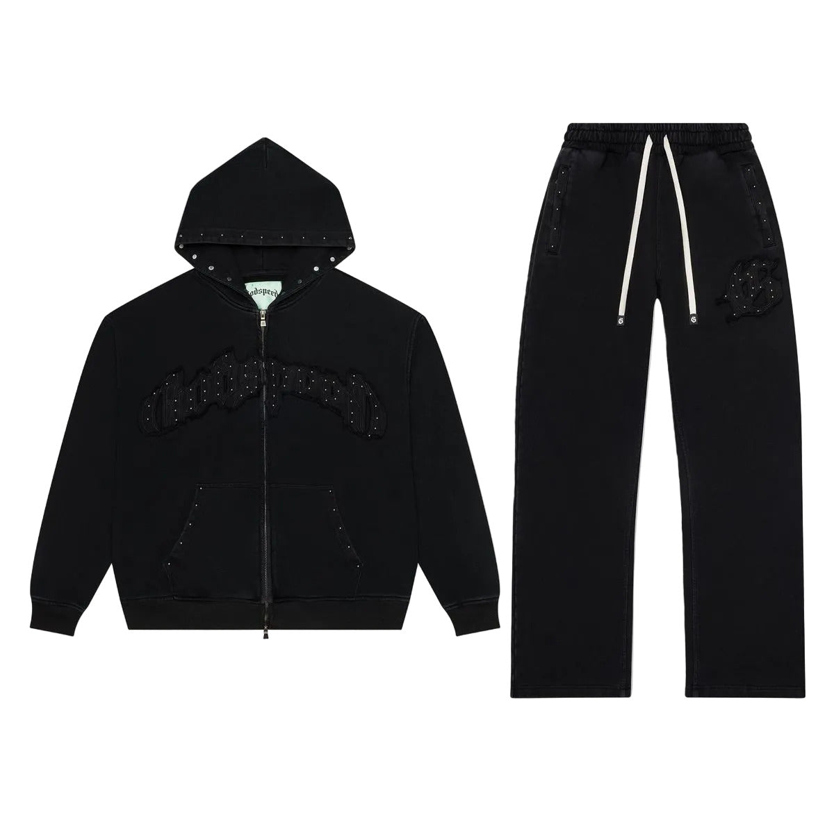 Black Godspeed Symmetric Studded hoodie and sweatpants set with studded detailing.
